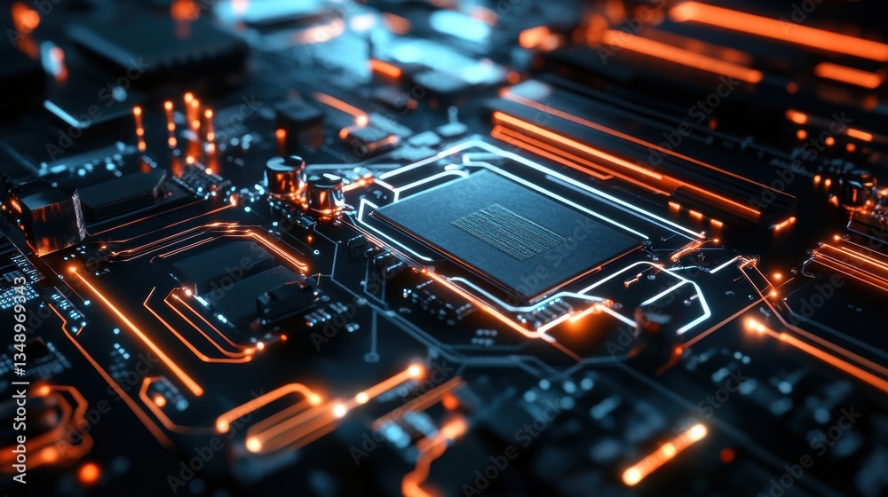 Close-up of futuristic AI motherboard with circuits