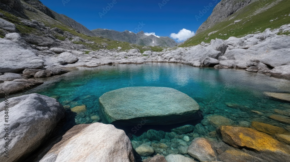 Fototapeta premium Crystal-clear alpine lake nestled amidst gray rocks. Stunning turquoise water reflecting mountain peaks