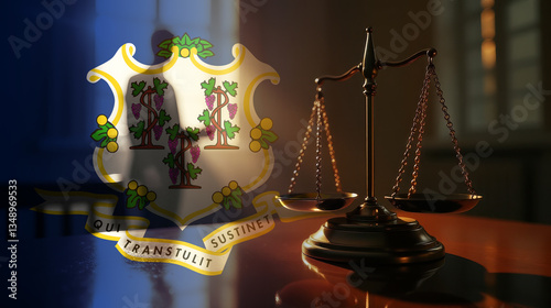 The scales of justice stand in front of the Connecticut flag, symbolizing law, fairness, and the legal system. A concept of democracy and equality.