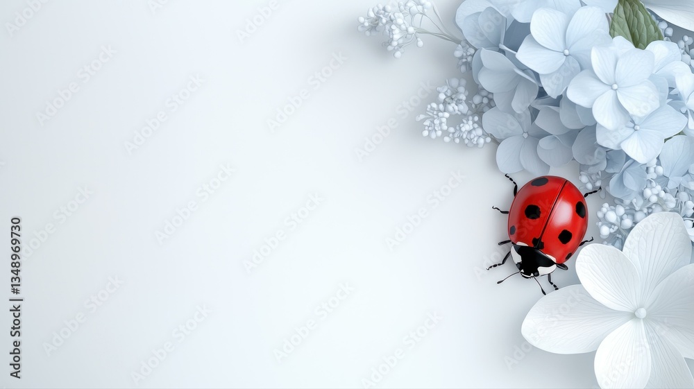 Fototapeta premium Ladybug on delicate white and blue flowers against minimalist background.