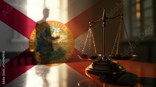 The scales of justice stand in front of the Florida flag, symbolizing law, fairness, and the legal system. A concept of democracy and equality.