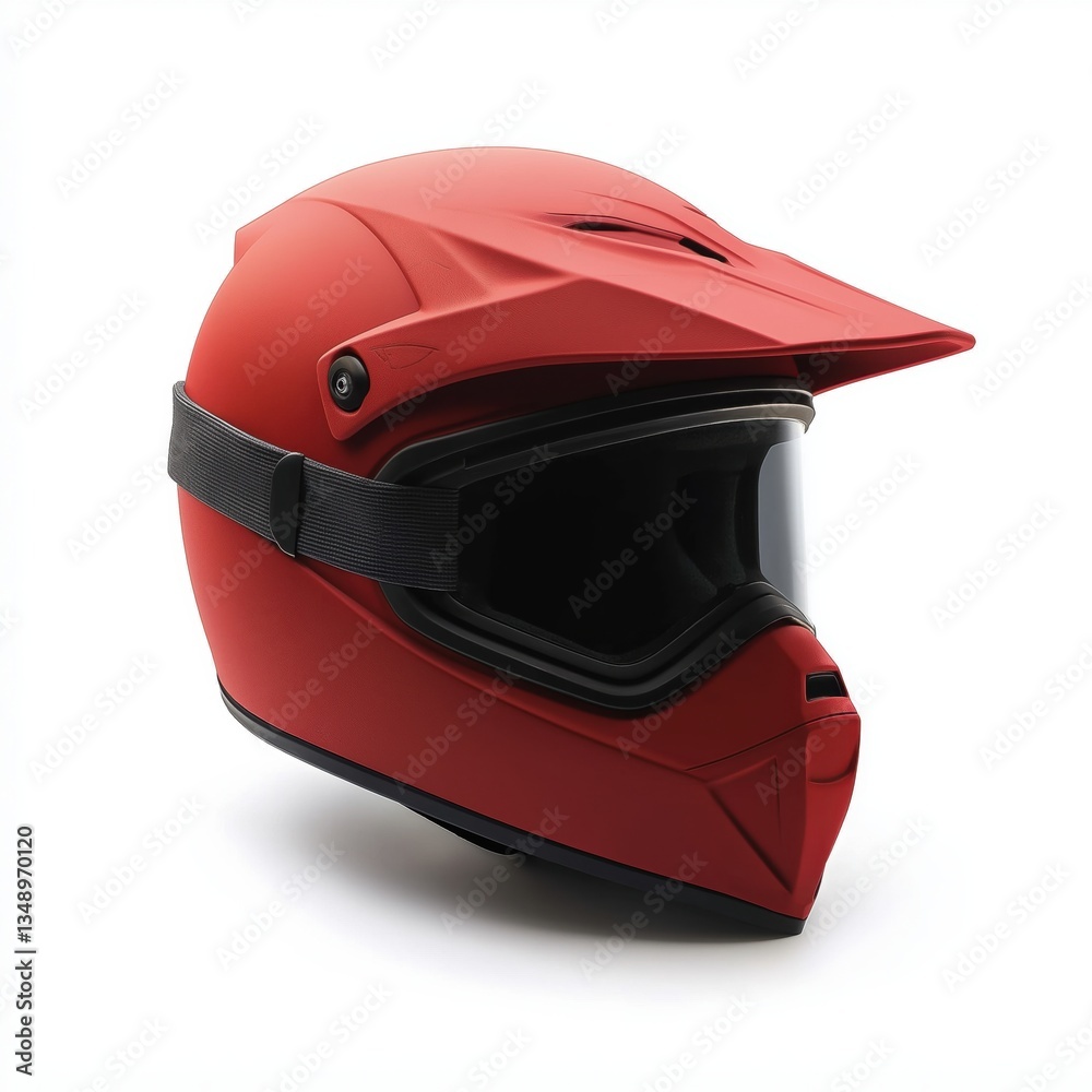 Fototapeta premium a matte red motocross helmet, angled slightly, with a visor and chin guard.