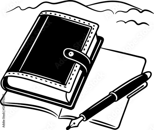 Notebook and fountain pen illustration writing, creativity, journal and notepad design in black and white
