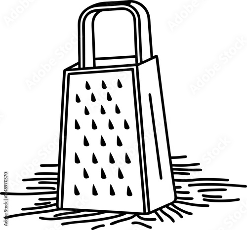 Line art cheese grater illustration with handle and grating surface outline