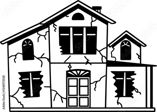 haunted, abandoned house illustration with cracked walls and broken windows spooky, eerie atmosphere in black and white design