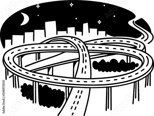 abstract urban highway surreal city nightscape with looping roads, city skyline, trees, stars