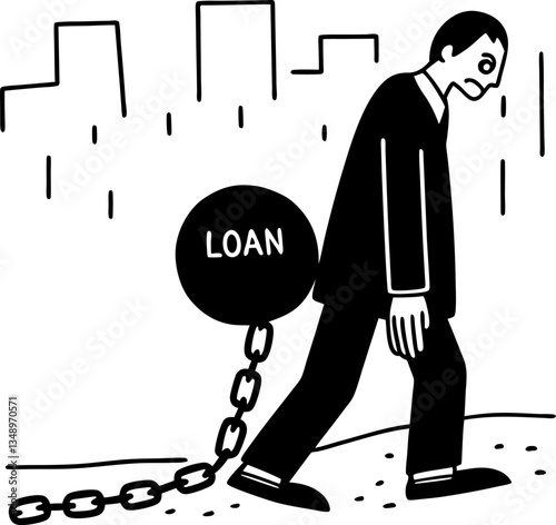 Burdened businessman chained to debt ball marked 'loan' in cityscape financial stress, economic hardship illustration