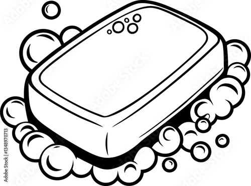 bar of soap with bubbles illustration clean hygiene, black and white line art, minimalistic detergent design