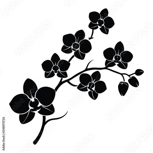 A delicate black silhouette of a branch with graceful orchid flowers, creating an elegant contrast against a light background, capturing natural beauty and simplicity.
