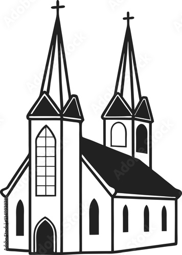 Historic gothic church illustration with dual spires and arched windows, symbol of architecture and heritage