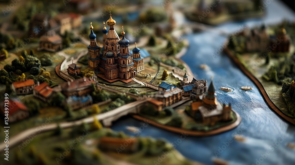Obraz premium Detailed Miniature Model of a Picturesque Cityscape with a Majestic Cathedral by the River