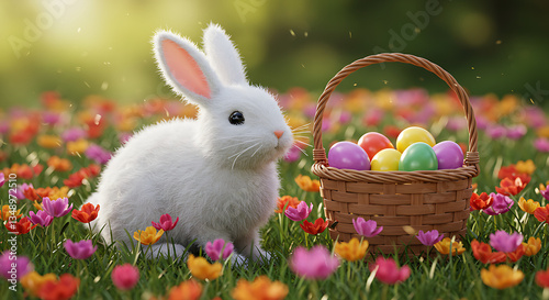 Dream aesthetic  Adorable Spring time White Bunny with Easter Basket on the green grass