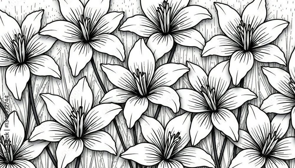 Intricate line art lily pattern, densely packed, black and white, elegant, pattern, lily Intricate line art lily pattern, densely packed, black and white, elegant, pattern, lily