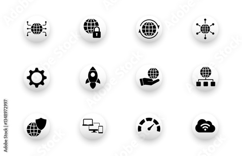 Solid vector icon set with network, global, internet, high speed, connection symbols.