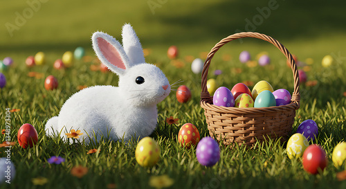 Dream aesthetic  Adorable Spring time White Bunny with Easter Basket on the green grass