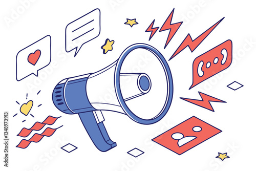 26 3D rendering, blue megaphone, speech bubbles, communication concept, vibrant colors, minimalist design, white background, cartoon style, sound waves, social media icons, marketing illustration, vec