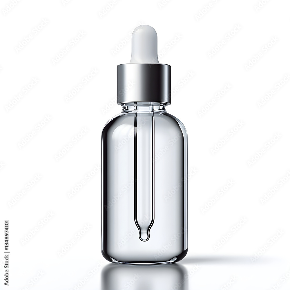 Transparent dropper bottle filled with essential oil on white background Transparent dropper bottle filled with essential oil on white background