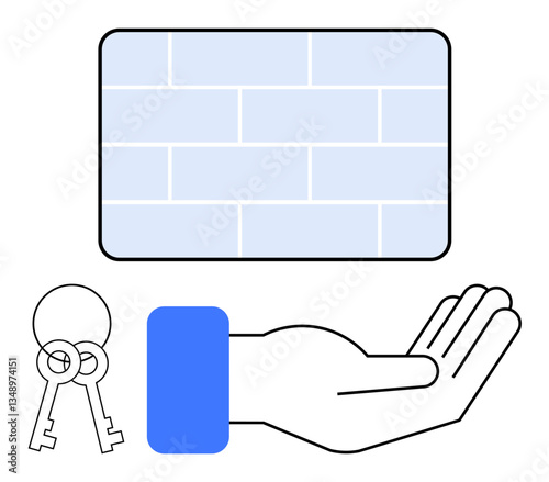 Hand presenting keys beside light blue brick wall backdrop. Ideal for real estate, property ownership, rental services, opportunity, home security, resources, trust. Flat simple metaphor