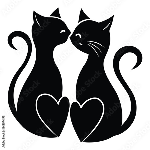 A silhouette of two cats with intertwined tails forming a heart shape, symbolizing love and connection, set against a simple, contrasting background for a peaceful, romantic vibe.