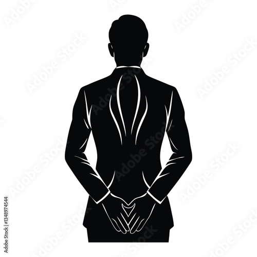 A silhouette of a man standing, holding hands behind his back, waiting. The figure exudes anticipation and stillness, creating a mysterious, contemplative mood.