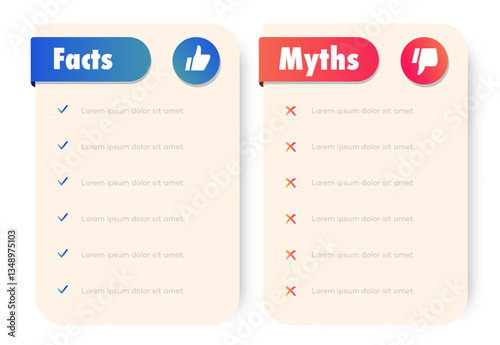 Facts and myths vector frame template modern style isolated on white background. Fact checking or easy compare evidence 10 eps
