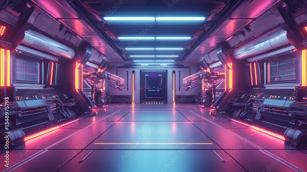 Fototapeta premium Modern Smart Factory Interior with Neon Lights and High-Tech Design