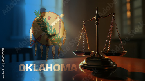 The scales of justice stand in front of the Oklahoma flag, symbolizing law, fairness, and the legal system. A concept of democracy and equality.