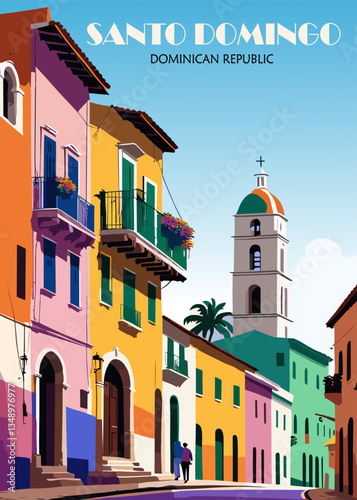 Santo Domingo, Dominican republic travel destination poster in retro style. Colorful vector illustration