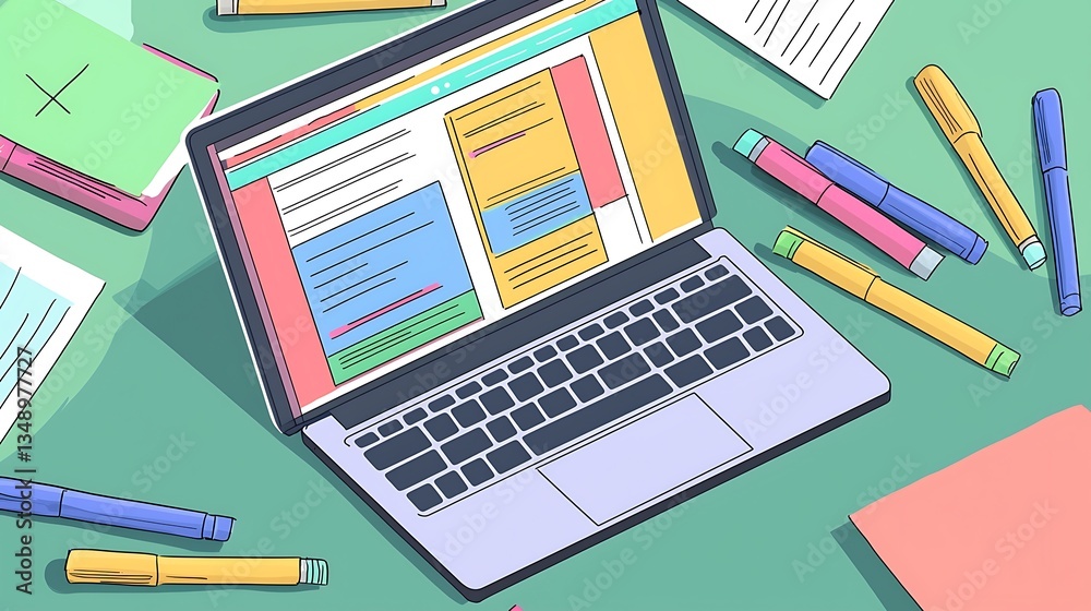A laptop is open on a table with a bunch of markers A laptop is open on a table with a bunch of markers
