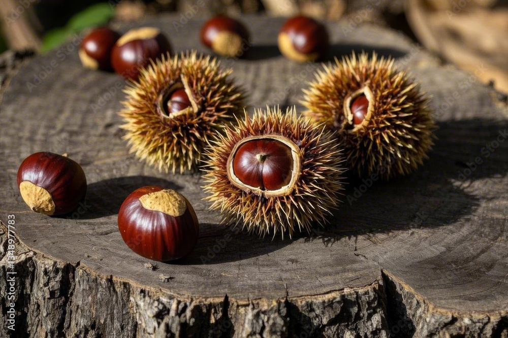 Glossy Brown Chestnuts with Spiky Husks on a Tree Stump in a Natural Setting Glossy Brown Chestnuts with Spiky Husks on a Tree Stump in a Natural Setting