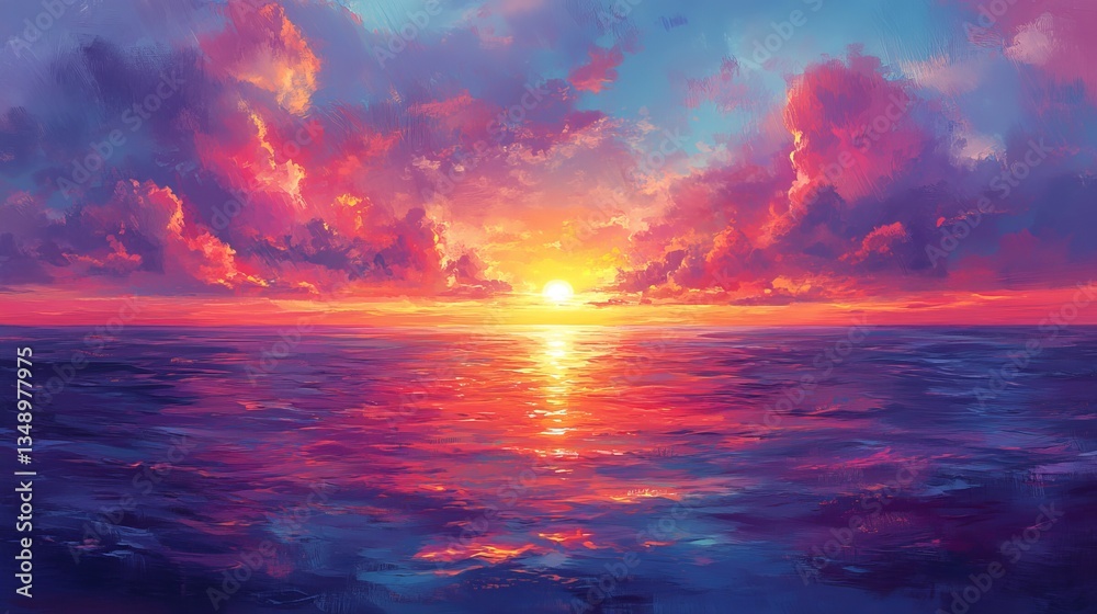 Obraz premium Vibrant Sunset Over Tranquil Ocean Waves with Fiery Colors Blending into the Calm Horizon at Dusk