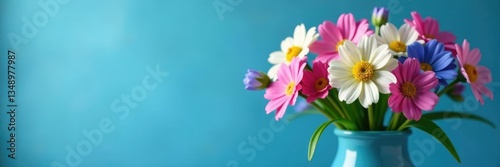 Colorful flowers of Scilla bifolia and Primula vulgaris in a vase, blue, arrangement, vase