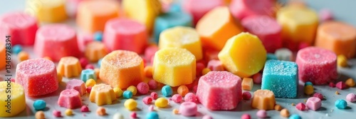 Colorful sugar candy pieces in a random arrangement, blend, sugar