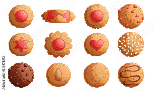 A set of different cookies:oatmeal, chocolate, stuffed with a close-up. The concept of confectionery, cakes, pastries, cooking, confectionery. Isolated vector illustration