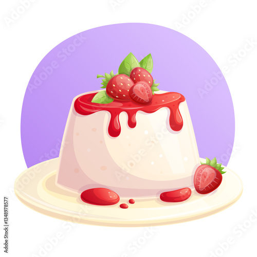 Panna cotta garnished with strawberries on a plate. The concept of a pastry shop, pastries, and a traditional Italian dessert. Isolated vector illustration for the design of postcards and posters.