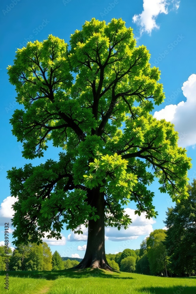 Obraz premium Foliage of a large oak tree against a blue sky, forest, nature