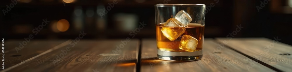 Glass filled with ice cubes on a wooden table, whisky, calmness Glass filled with ice cubes on a wooden table, whisky, calmness