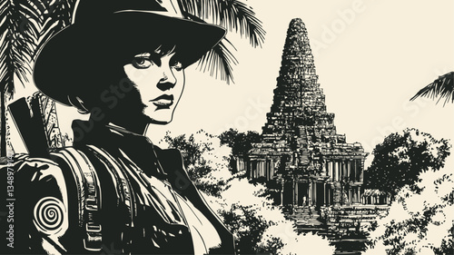 Vector illustration depicting a silhouette of a woman in a wide-brimmed hat against a backdrop of palm trees and an ancient temple or pyramid structure, creating a dramatic black and white travel 