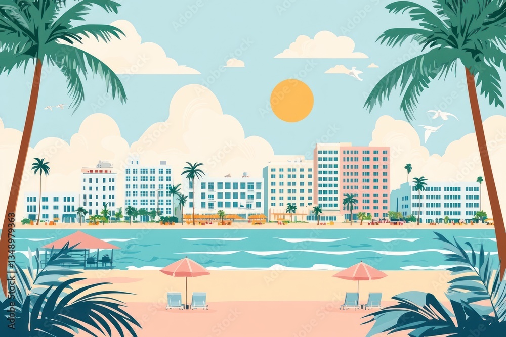 Obraz premium Beach buildings tropical illustration.