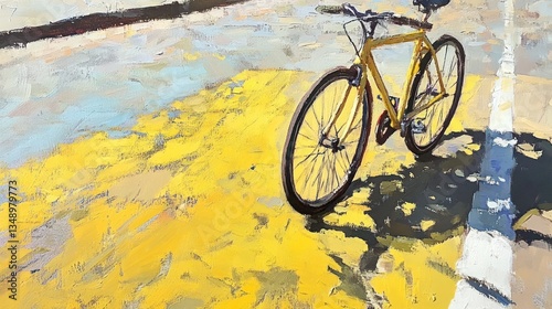 Yellow bike parked city street sunny day art illustration
