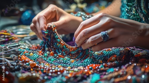 Artisan Hands Crafting Exquisite Beaded Necklace: A Symphony of Colors and Textures