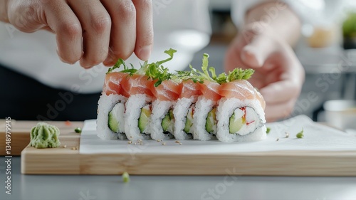 Chef carefully garnishing sushi rolls with fresh herbs on a wooden board, showcasing culinary artistry. photo