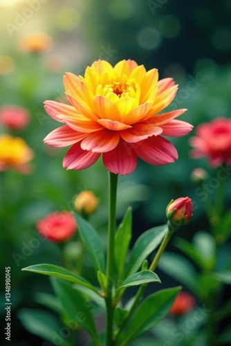 Single bloom of colorful flower on white background, garden, colorful