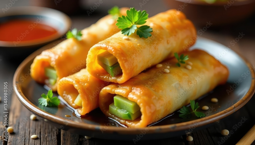Crispy spring rolls, soy sauce, garnish, sesame seeds, asia, appetizer Crispy spring rolls, soy sauce, garnish, sesame seeds, asia, appetizer