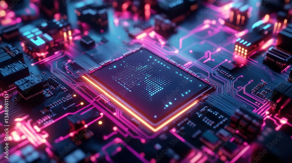 Futuristic AI Chip with Quantum-Enhanced Processing on Blue Background Futuristic AI Chip with Quantum-Enhanced Processing on Blue Background