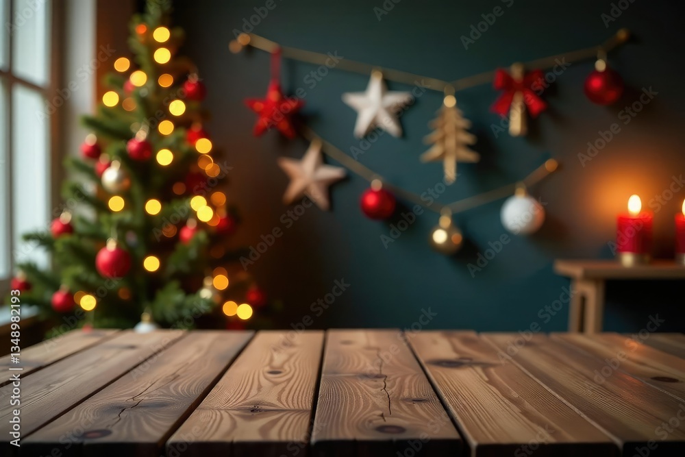 Empty wooden table with festive wall decorations, inviting ambiance, Christmas decoration Empty wooden table with festive wall decorations, inviting ambiance, Christmas decoration
