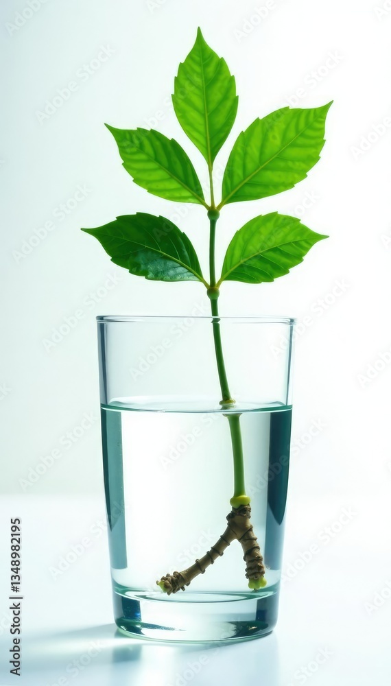 Small isolated branch with leaves in water glass, water, isolation, branch Small isolated branch with leaves in water glass, water, isolation, branch