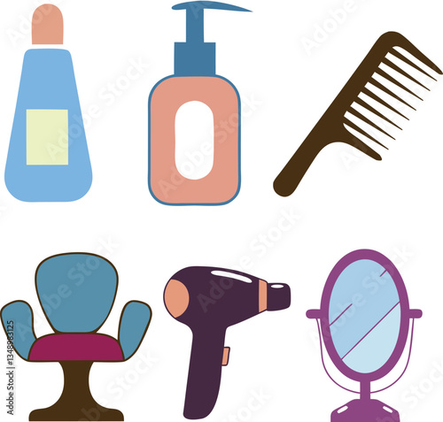 A variety of hair care products and tools, including a hair dryer