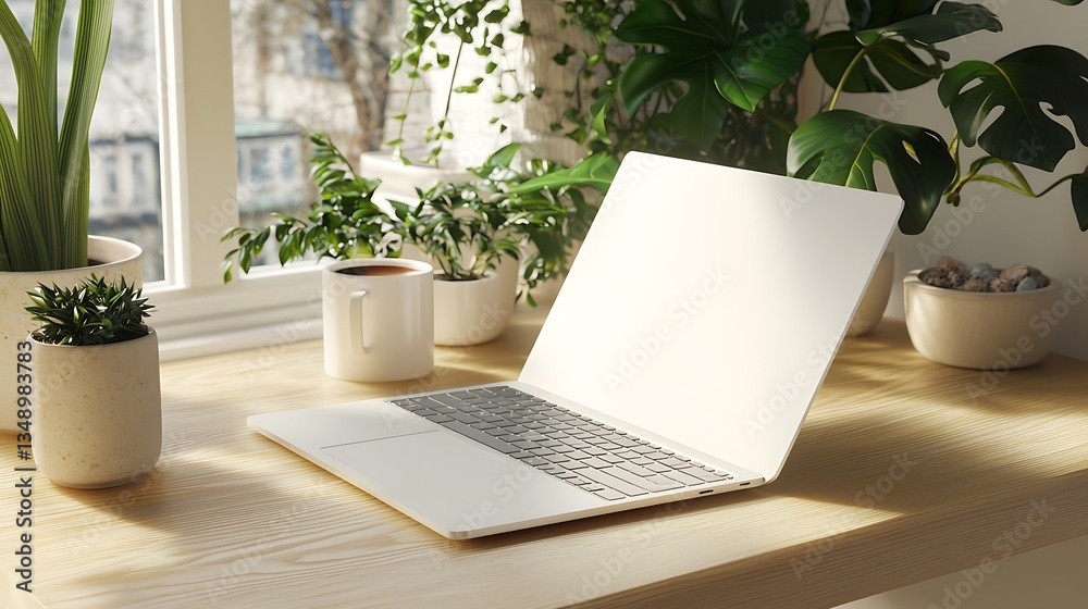 A laptop is open on a wooden desk next to a potted plant A laptop is open on a wooden desk next to a potted plant