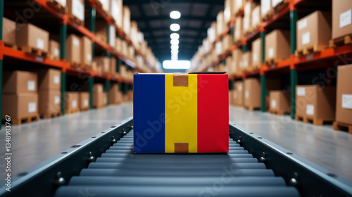 A package wrapped in the Romania flag moves on a conveyor belt inside a warehouse. Symbolizing logistics, global trade, and the efficiency of supply chains.